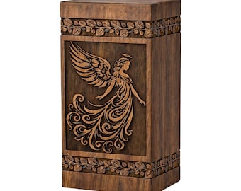 Hand Carved Angel Wooden Memorial Urn for Human Ashes | Angel Engraved Cremation Keepsake Box