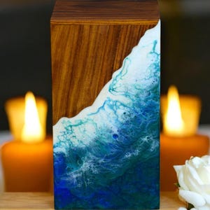 Wooden urn box Rosewood With Resin Ocean Wave Design Urns For Human Ashes - Elegant Remembrance Keepsake urn-Unique Funeral Ashes Container