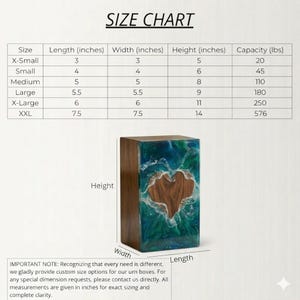 May include: Wooden urn with a heart-shaped cutout, encased in blue and green resin. The size chart shows dimensions in inches, ranging from X-Small (3x3x5 inches) to XXL (7.5x7.5x14 inches).