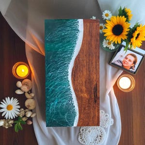 Handgemachte Holzurne mit Harz-Ozean-Design-Memorial-Design-Erinnerungsbox | Individuelle Gravur Funeral Tribute | personalisierte Asche Urne
