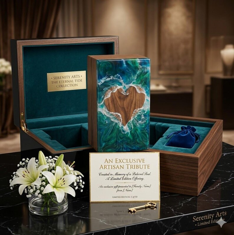 May include: A wooden urn with a heart-shaped cutout, filled with a blue and green resin design. The urn is displayed in an open wooden box with a teal interior. A card reads "An Exclusive Artisan Tribute" and "Serenity Arts". A small bouquet of white lilies is also present.