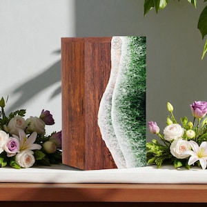 Handgemachte Holzurne mit Harz-Ozean-Design-Memorial-Design-Erinnerungsbox | Individuelle Gravur Funeral Tribute | personalisierte Asche Urne