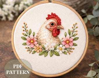 Borduurpatroon kip met bloemen | Direct downloaden | Cottagecore-boerderijdier