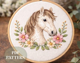 Bloemen borduurpatroon paard | Direct downloaden | Cottagecore-boerderijdier