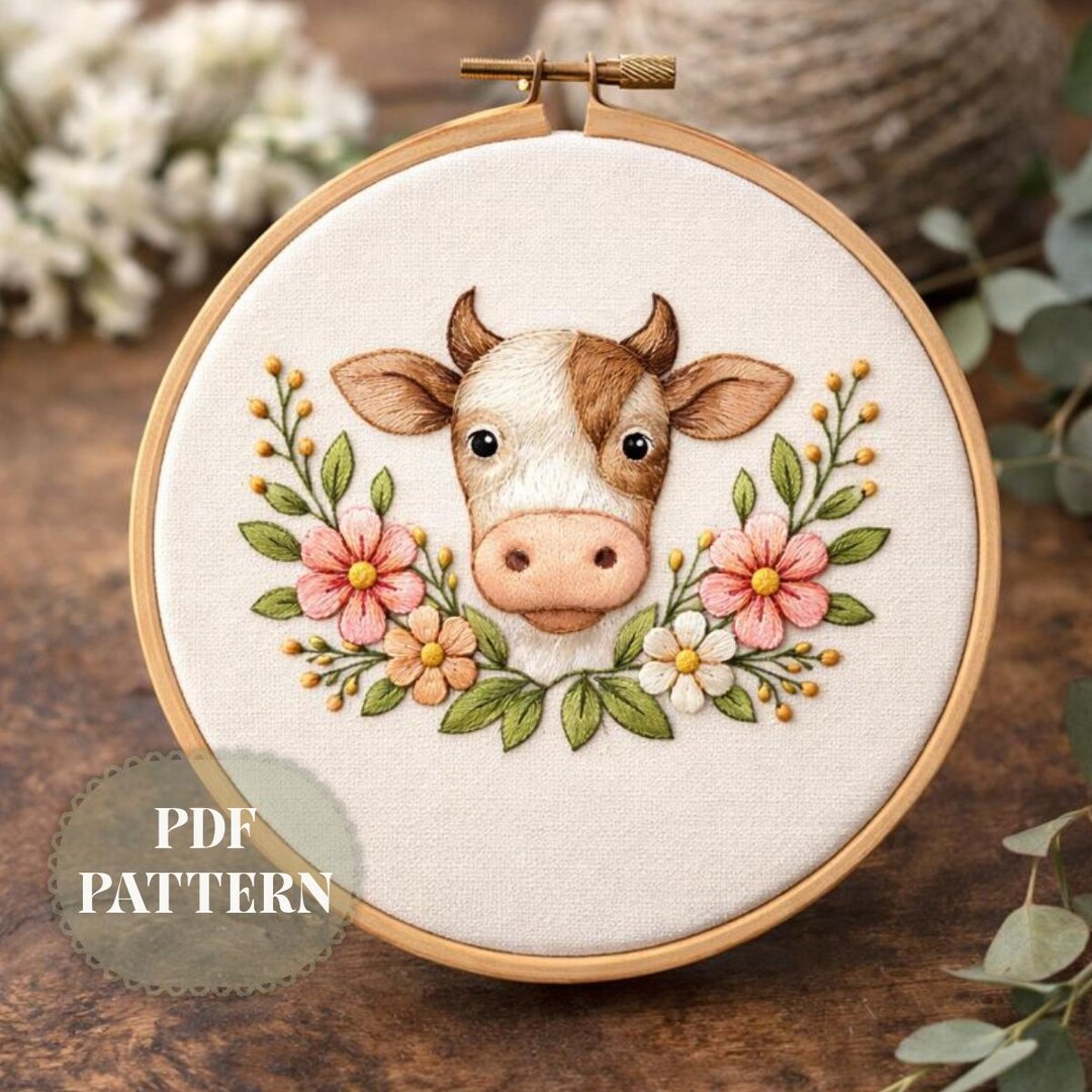 Floral Cow Embroidery Pattern | Instant Download | Cottagecore Farm ...