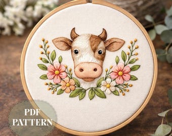 Bloemen koe-borduurpatroon | Direct downloaden | Cottagecore-boerderijdier