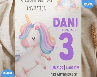 Unicorn Birthday Invitation, Editable Canva Template, Unicorn Party Invite, Girl Birthday Invitation, Kids Birthday Invite, Digital Download