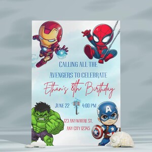 Modelo editável com tema de Vingadores, modelo de convite com tema de super-heróis, convite personalizável de aniversário com tema da Marvel, download digital em PDF