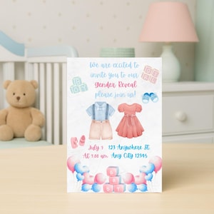 Gender Reveal Editierbare Einladungskarte, anpassbare Einladungsvorlage für Jungen oder Mädchen, Pink und Blau Gender Reveal Tempalte, Digital Dowland