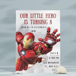 アイアンマンをテーマにした誕生日招待状、アイアンマンをテーマにした編集可能なテンプレート、マーベルをテーマにしたカスタム誕生日招待状、8歳の誕生日カスタムカード