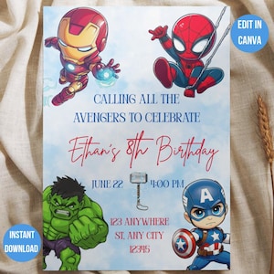 Superhero Birthday Invitation Template, Editable Canva Invite, Kids Superhero Party Invitation, Comic Hero Birthday, Digital Download