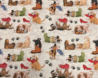 Cute Puppies And Shoes Cotton Fabric