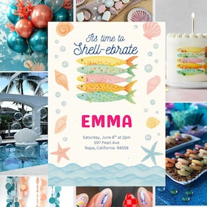 Convite de aniversário no fundo do mar, peixe e concha para impressão, convite editável para festa de aniversário no oceano, cartão digital em aquarela com conchas