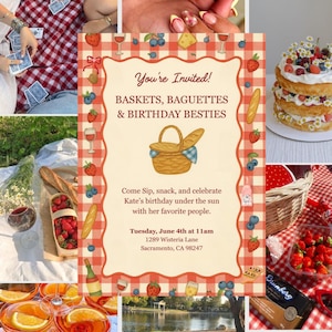 Invito di compleanno per picnic, cestini di baguette e migliori amiche del compleanno, invito stampabile per picnic, biglietto d'auguri digitale modificabile