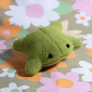 May include: A plush, green, star-shaped toy with two small black eyes. The toy is made of a fuzzy material and rests on a floral patterned background with white, pink, and orange flowers.