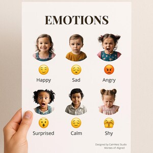 Arte mural Montessori de emociones: póster de caras reales para niños pequeños | Tabla de sentimientos para rincones y aulas tranquilas