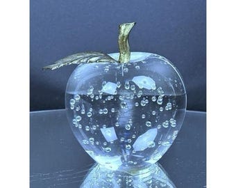 Vintage Bubble Glass Apple Paperweight Brass Leaf Stem Taiwan Crystal Clear