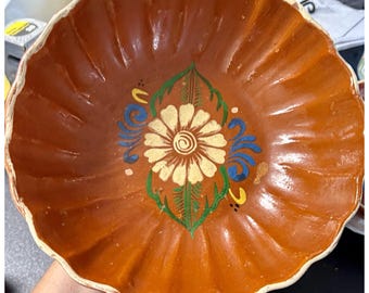 Vintage Hand Painted Mexican Pottery Bowl 11" Terracotta Folk Art Mexico