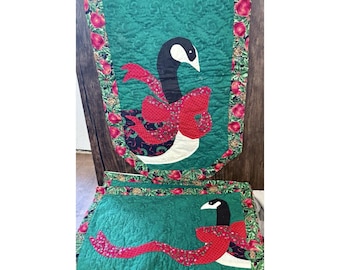 Vintage Winter Goose table runner 54" and 4 Placemats Stitched 14x20
