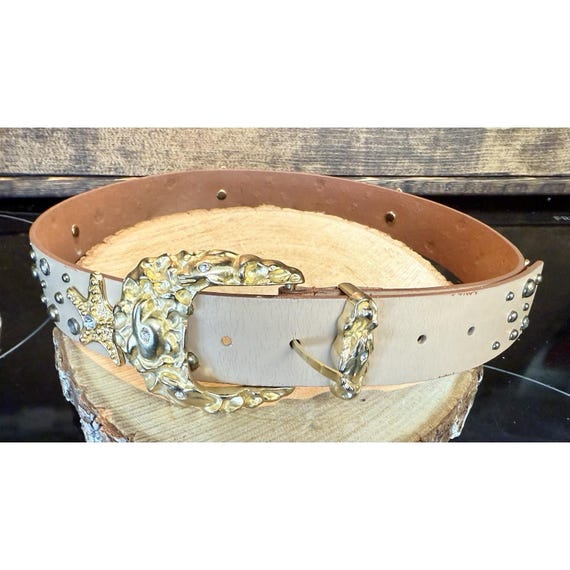Vintage Gold and Tan Belt Cleo - Classic Tan Italian Leather Belt With Vintage Gold  main image 3