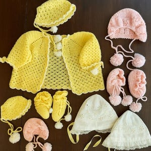 LOT of 7 - Vintage Hand Crochet Baby Sweaters,  4 Bonnets/2 Sets of Booties