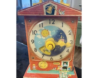 Vintage Fisher Price Music Box Teaching Clock 998 Works Wood Toy 1960s -video