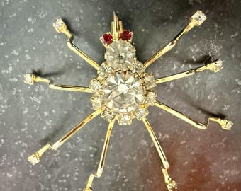 Vintage Rhinestone Spider Brooch Gold Tone Red Eyes Halloween Insect Pin