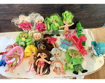 Vintage Ideal Flatsy Dolls Lot 1969 Hong Kong w Car Pram Accessories