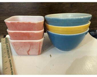 Vintage Pyrex Primäre Farbe Schalen Rot Fridgie Gelb Blau 401 Rührschüssel Lot