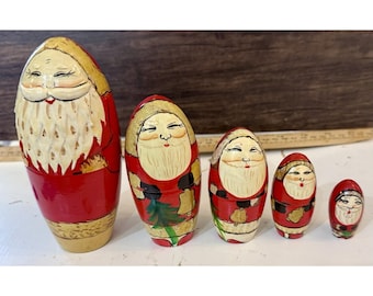 Muñecas rusas navideñas vintage de Papá Noel, 5 muñecas de madera pintadas a mano para decoración navideña.