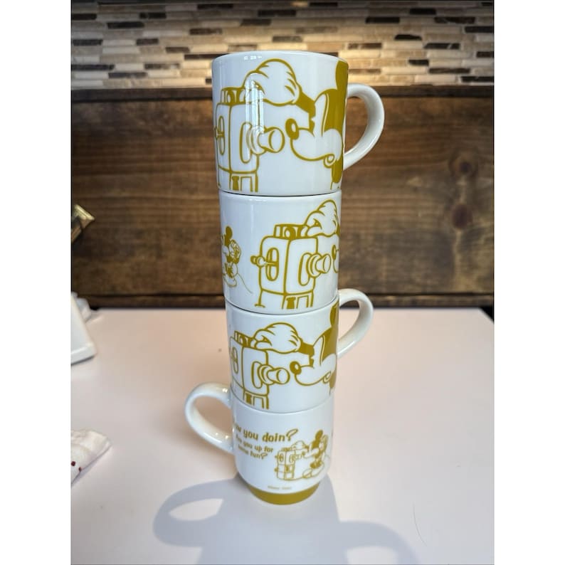 Disney Daiso Mickey Mouse Stacking Mug Set of 4 Yellow White image 1