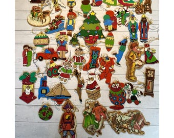 Vintage 70s Wood Christmas Ornaments Lot 42 Hand Painted / Decoupage Mix 2-Sided