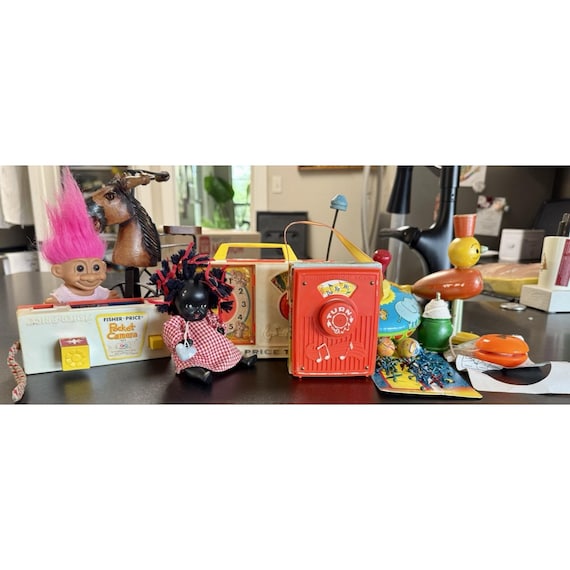 Lote de juguetes antiguos Fisher Price, cámara de bolsillo, radio