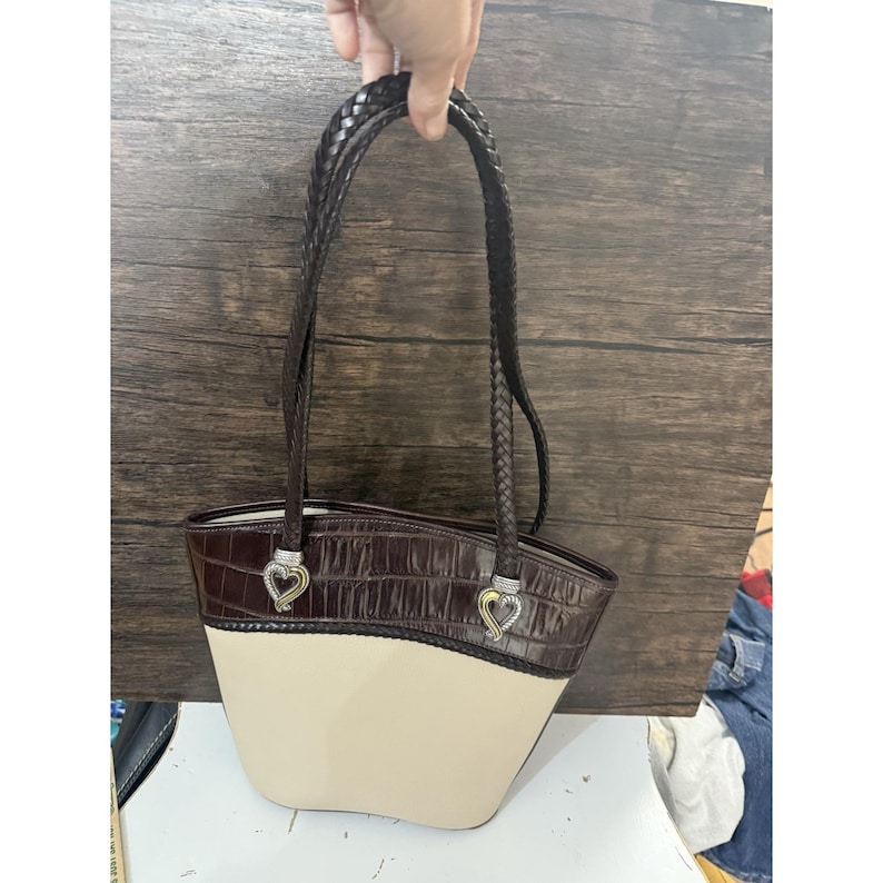 Color Block Brighton Bucket Shoulder Hobo Tote Leather Woven Strap VTG A-126457 image 6