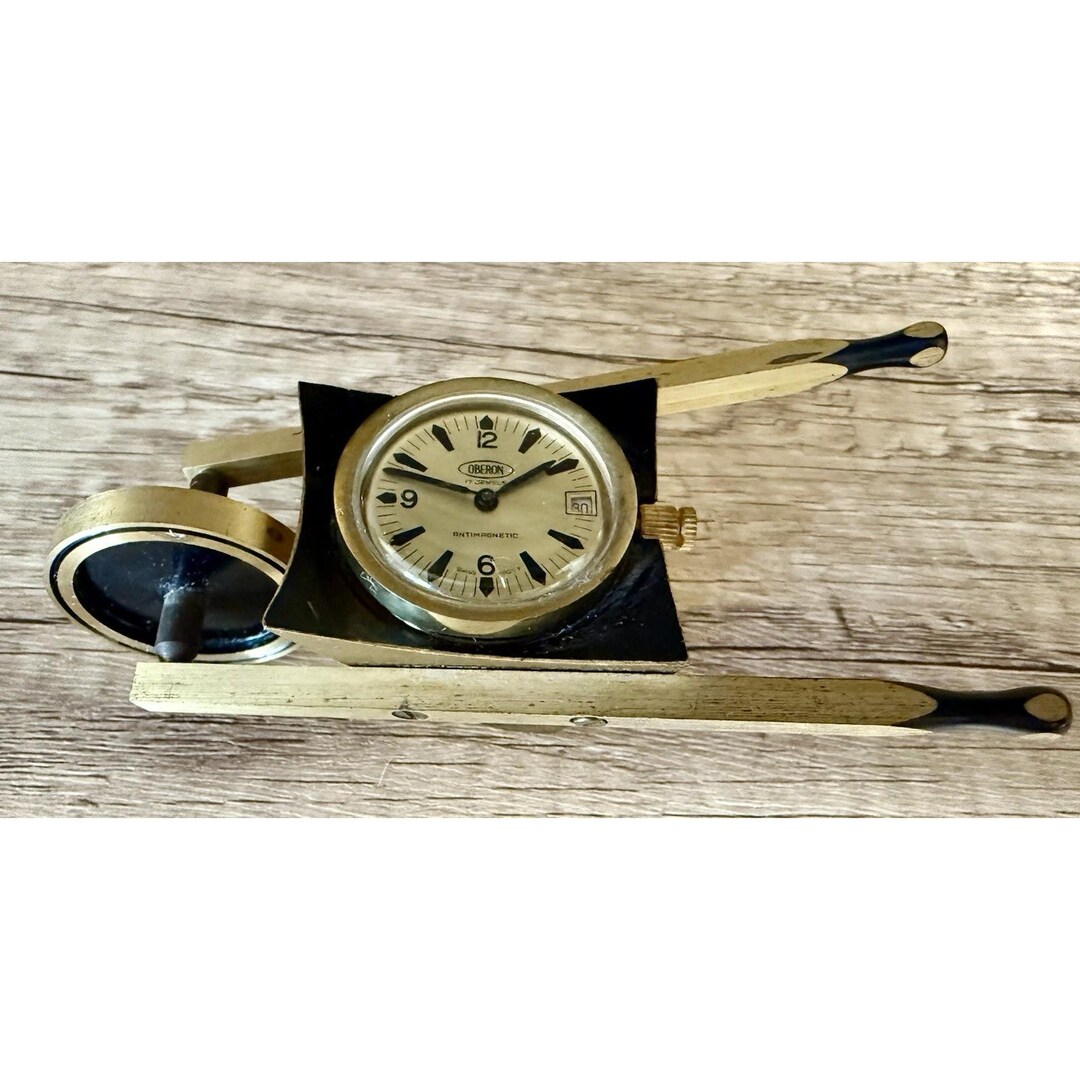 Vintage Oberon Swiss 17J Desk Clock Brass Wheelbarrow Novelty Runs