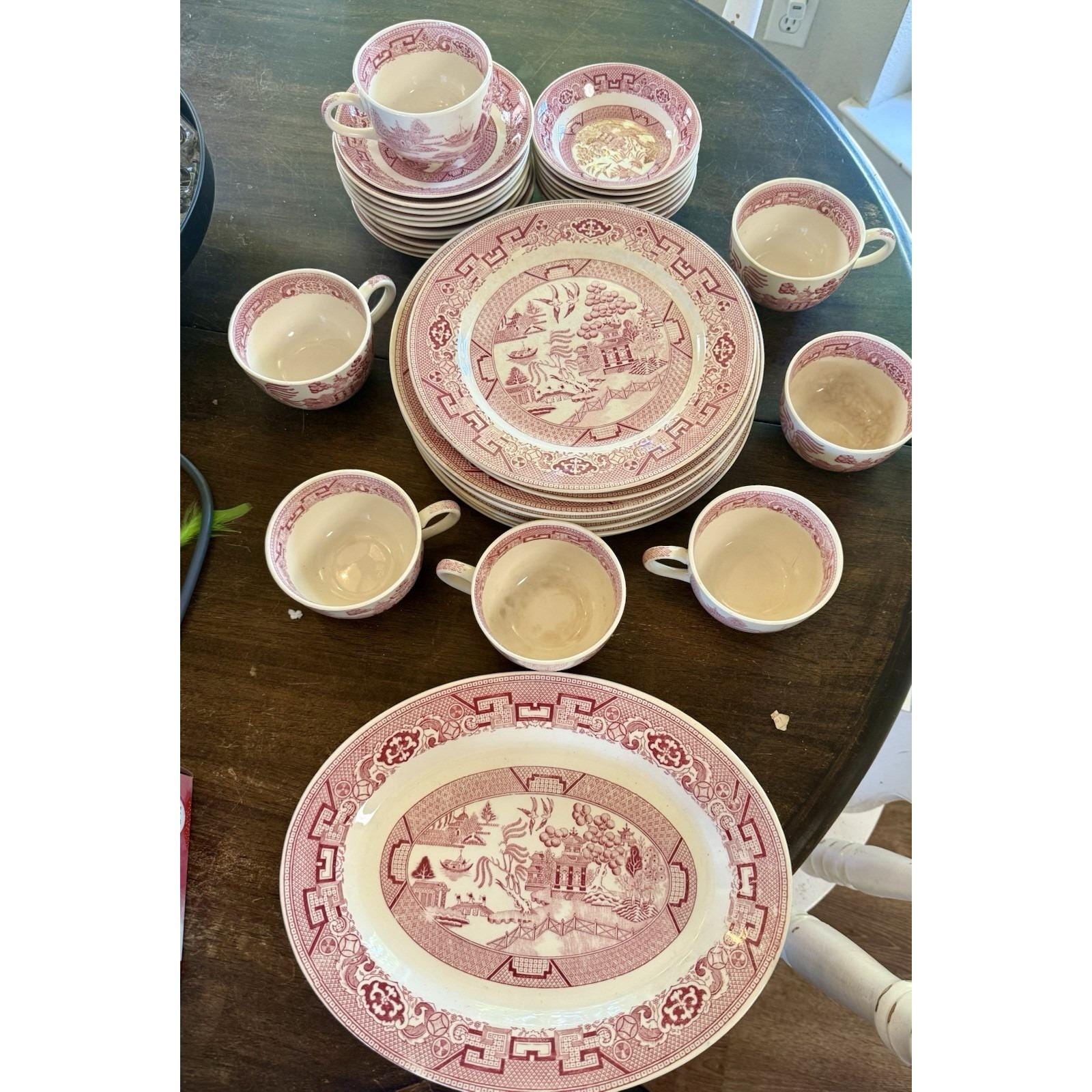 mandarinピンクウィロー　皿+カップ＆ソーサー　アンティーク　希少 Red Willow China Set - Etsy