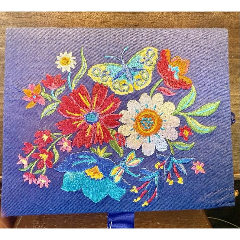 Brighton French Garden Jewelry Box Embroidered Flowers Butterfly Blue NEW w/ TAG image 1