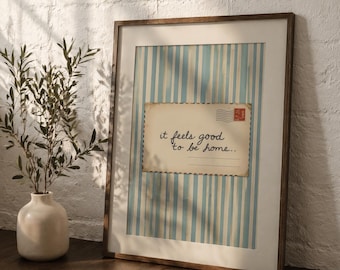 It Feels Good to Be Home Printable Wall Art | Vintage Postcard Print | Cozy Home Decor | Neutral Aesthetic Wall Art | Modern Stripe