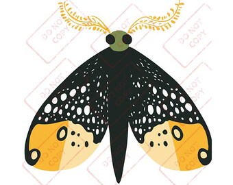 Nachtvlinder - digitale download - zwarte, gele aquarel clip art afbeelding