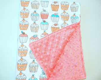 Coral Baby Blanket, Peach Minky and Flannel Cupcake Blanket, 20 inch Wide by 25 inch Long, Stroller Blanket, Car Seat Blanket, Girl Blanket