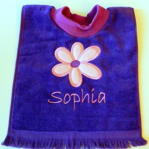 Personalized Baby Girl Large Bib, Flower Bib, Pullover Towel Bib, Toddler Girl Bib, Many Colors, Terrycloth Baby Girl Gift, Baby Girl Item