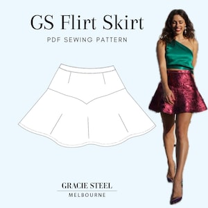 GS Flirt Skirt PDF Sewing Pattern | Drop Waist Skirt with Yoke | A-line, Gathered, Pleated Options | Sizes 62–141cm Waist | Digital Download
