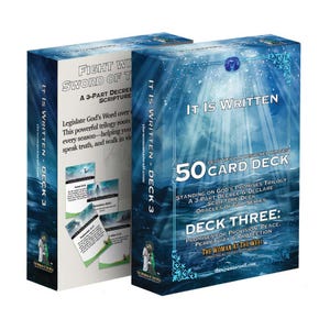 May include: Two card decks with the text "IT IS WRITTEN" on the front. The decks are blue with white text and feature the text "50 CARD DECK" and "DECK THREE". The decks are for "PROMISES FOR PROVISION, PEACE, PERPETUITY & PROTECTION".