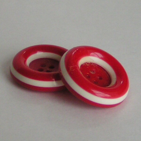 buttons vintage red stripe white set of two - one and one eighth inch diameter and three eighths tall four hole