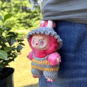 Labubu Striped Overalls & Hat – Handmade Crochet Doll Outfit | Vintage Cottagecore Style Clothes for Collectors