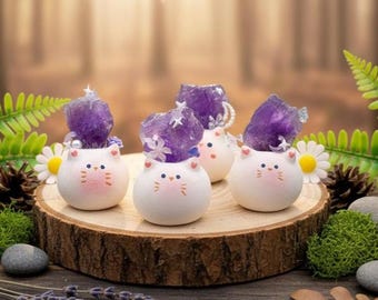 Amethyst Crystal Cat Figurine | Handmade Clay Desk Decor
