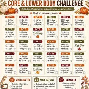Desafio de 30 dias para fortalecer o abdômen e a parte inferior do corpo, planilha de exercícios imprimível para o outono, abdominais, flexões de tronco e agachamentos.