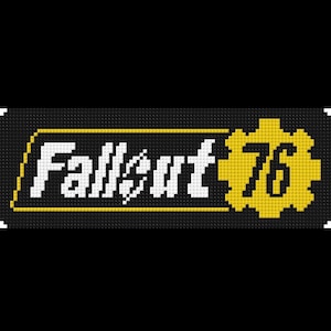 May include: Black and yellow Fallout 76 logo. The word "Fallout" is in white, with a yellow outline, and the number "76" is in yellow, inside a gear-shaped design. The background is black.