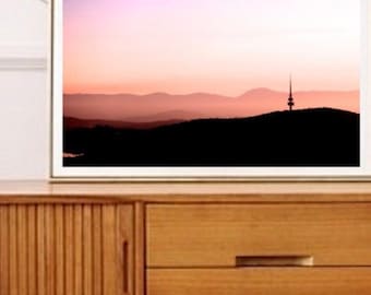 Canberra Black Mountain-zonsondergang - fijne fotografie-afdruk - kunst aan de muur foto - Telstra Tower - Australië - Bush Capital ACT • Zonsondergangroze lucht