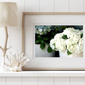 May include: A framed photograph of white hydrangea flowers in a white pot. A beige lamp with a branch-like base and a coral sculpture are on a white shelf. A glass bottle with a cork stopper is also on the shelf.